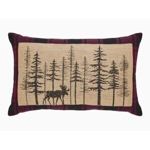 VHC Cumberland Rustic Winter Forest Moose Pillow 14 x22 ~ Red, Black, Burlap